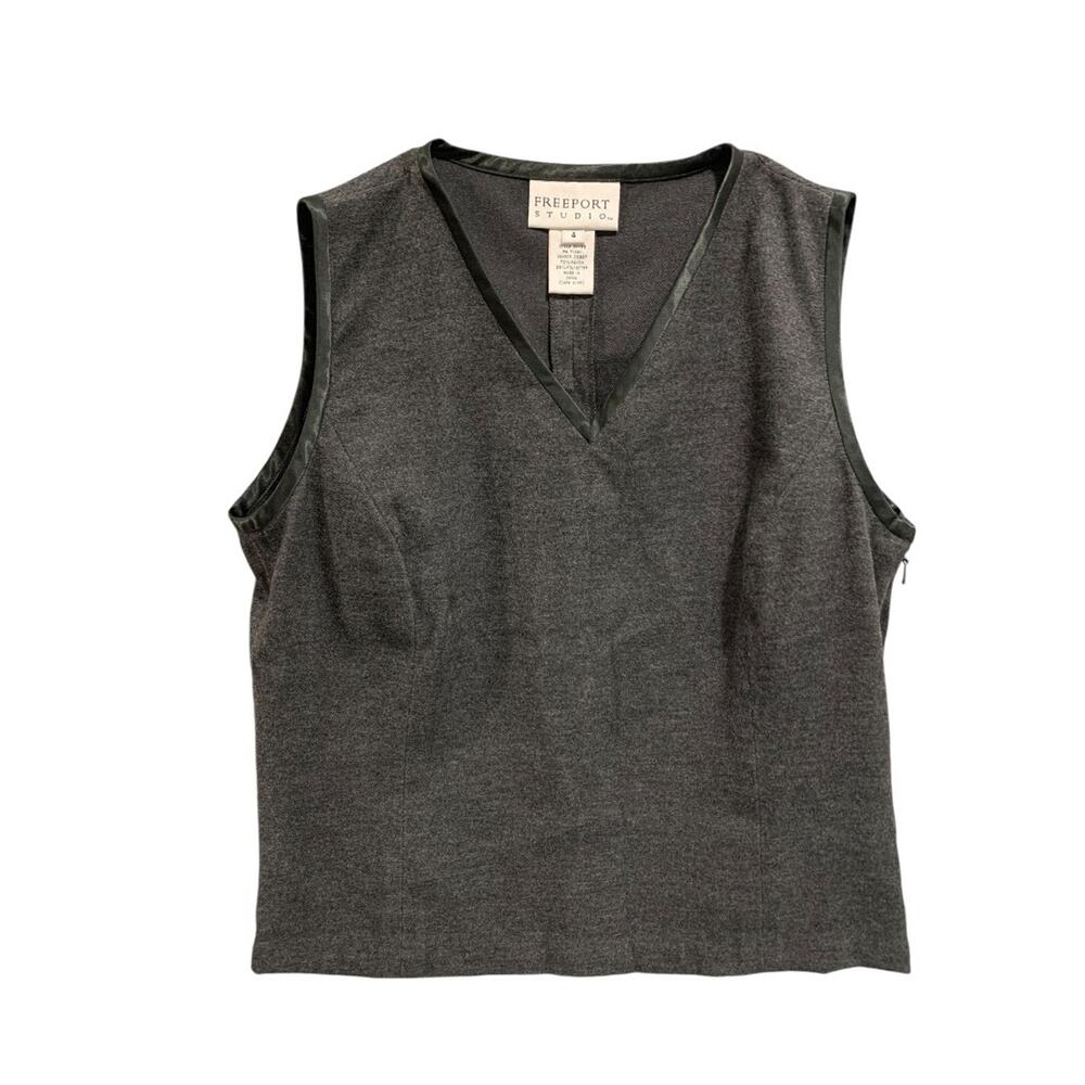 Size 4 Freeport Studio Womens Gray Sleeveless Satin Trim Fitted Shirt Sleeveless